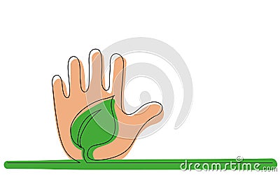Continuous line concept sketch drawing of human hand protecting green plant Vector Illustration