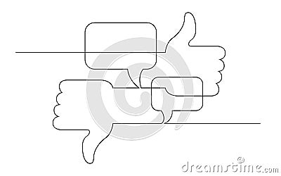 Continuous line concept sketch drawing of social media like, dislike and opinions symbols Vector Illustration