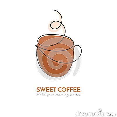 Continuous line cup of hot tea or coffee with steam and brown decoration Vector Illustration