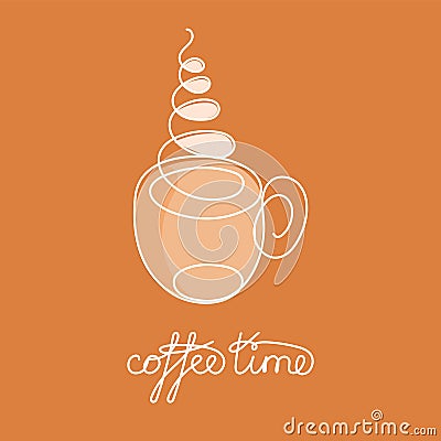 Continuous line cup of hot tea or coffee with steam and brown decoration Vector Illustration