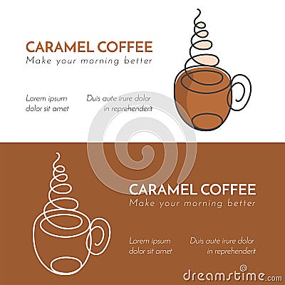 Continuous line cup of hot tea or coffee with steam and brown decoration Vector Illustration