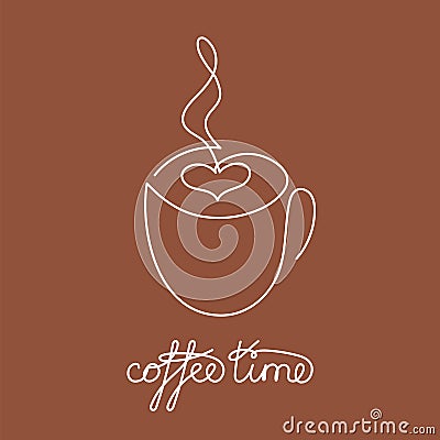 Continuous line cup of hot tea or coffee with steam and brown decoration Vector Illustration