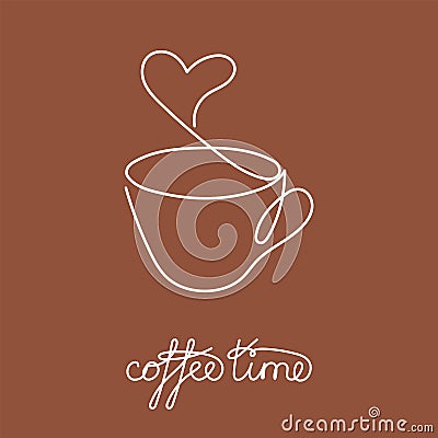 Continuous line cup of hot tea or coffee with steam and brown decoration Vector Illustration