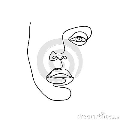 Continuous line drawing. Abstract woman portrait. One line face art vector illustration. Female linear contour isolated Vector Illustration