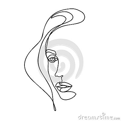 Continuous line drawing. Abstract woman portrait. One line face art vector illustration. Female linear contour isolated Vector Illustration