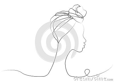 Continuous line drawing of Afro woman. Shenbolen Ankara Headwrap Women African Traditional Headtie Scarf Turban. Vector icon logo Vector Illustration