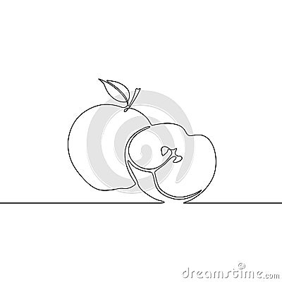 Continuous line drawing apple with slice of apple. Vector illustration. Vector Illustration