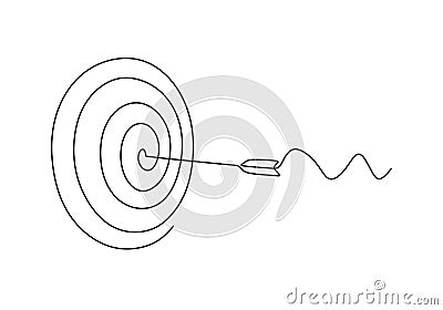 Continuous line drawing of arrow in center of target. One hand drawn goal object of archery business challenge metaphor. Vector Vector Illustration