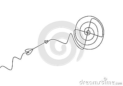 Continuous line drawing of arrow in center of target. One hand drawn goal object of archery business challenge metaphor. Vector Vector Illustration