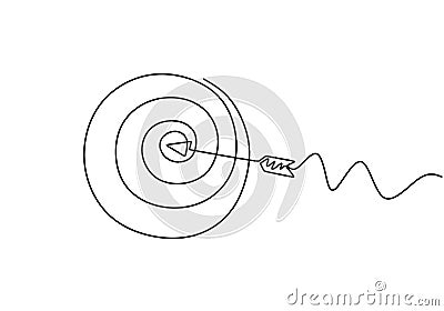 Continuous line drawing of arrow in center of target. One hand drawn goal object of archery business challenge metaphor. Vector Vector Illustration