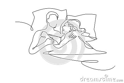 Continuous line drawing. Beautiful couple in sleeping pose on pillows. Vector illustration Vector Illustration