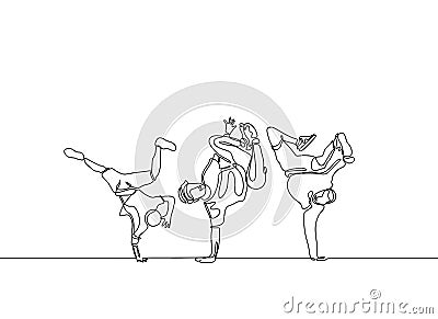 Continuous line drawing break dancer isolated on white background. Modern dancing theme with minimalism one hand drawn vector Cartoon Illustration