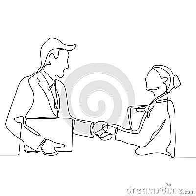 continuous line drawing of business persons shaking hands. Concept of a couple finishing their project Vector Illustration