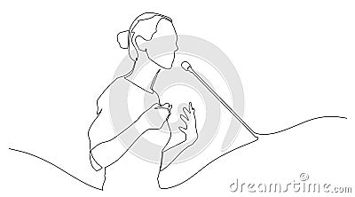 Continuous line drawing business presentation woman trainer talking one single line drawn character politics speaker Vector Illustration