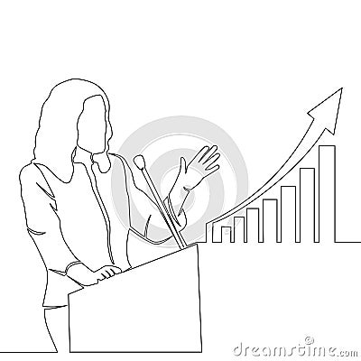 Continuous line drawing businesswoman speaker presentation graphs Vector Illustration