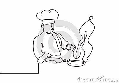 continuous line drawing of chef cooking big meal food vector illustratiom Vector Illustration