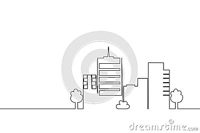 Continuous line drawing city building. One line single cityscape. Vecotr. Vector Illustration