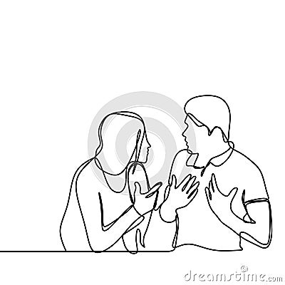 Continuous line drawing of couple in conflict. Man and women talking each other with angry gesture vector illustration isolated Vector Illustration