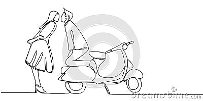 Continuous line drawing of a couple kiss with retro scooter motor bike. Vintage creative minimalist concept of romance Vector Illustration