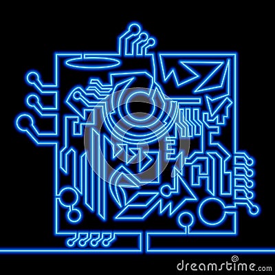 Continuous line drawing CPU microchip neon concept Vector Illustration