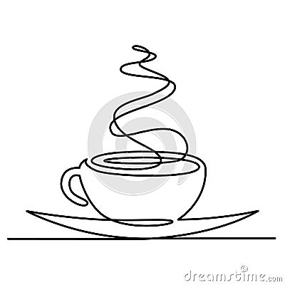 Continuous line drawing of cup of tea or coffee with steam linear icon. Thin line vector hot drink illustration. Contour Vector Illustration