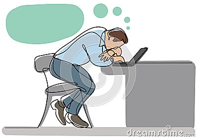 Continuous line drawing of depressed businessman sitting bihind laptop computer Vector Illustration