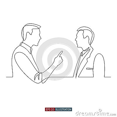 Continuous line drawing of Dialogue of two men. The boss and the subordinate are talking. Scene in the office. Template for your Vector Illustration