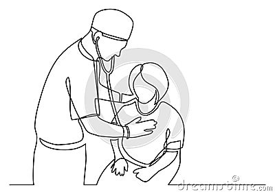 Continuous line drawing of doctor examining female patient Cartoon Illustration