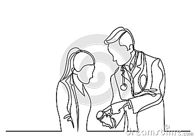 Continuous line drawing of doctor and patient talking about medication Cartoon Illustration