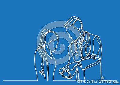 Continuous line drawing of doctor and patient talking about medication Cartoon Illustration