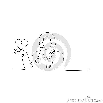 continuous line drawing of doctor with stethoscope keeping heart. isolated sketch drawing of doctor with stethoscope keeping heart Vector Illustration