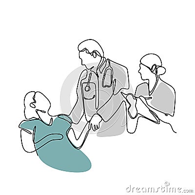 continuous line drawing of doctor talking with patient lying in bed Vector Illustration