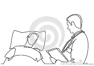 Continuous line drawing of doctor talking with patient lying in bed Vector Illustration