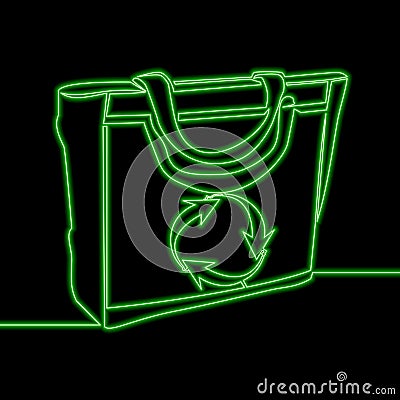 Continuous line drawing Eco shopping handbag neon Vector Illustration