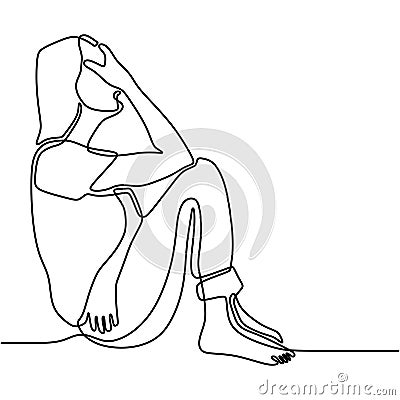 Continuous line drawing of exhausted sad young woman covering his face by hands. Female suffering from depression. Girl in despair Vector Illustration