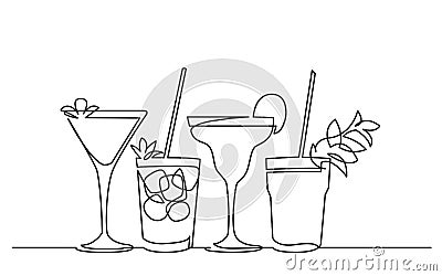 Continuous line drawing of exotic cocktail drinks Cartoon Illustration