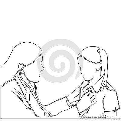 Continuous line drawing Female doctor listens to sick little girl icon vector illustration concept Vector Illustration