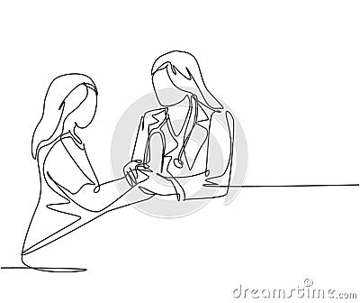 Continuous line drawing of female obstetrician and gynecologist doctor handshake and congratulate a young happy pregnant mom about Cartoon Illustration