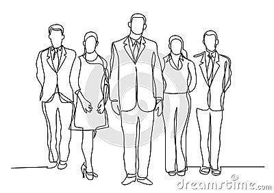 Continuous line drawing of five standing business professionals Cartoon Illustration