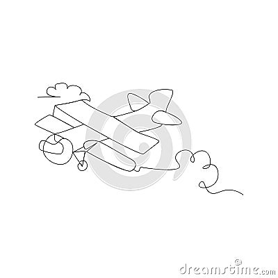 continuous line drawing of flight biplane. isolated sketch drawing of flight biplane line concept. outline thin stroke vector Vector Illustration