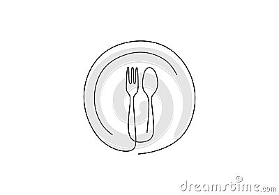 Continuous line drawing of food symbol. Sign of plate, knife, and fork. Minimalism hand drawn one line art minimalist vector Vector Illustration