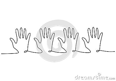 Continuous line drawing of four human hands showing their business teamwork or friendship. Teamwork and partnership concept Vector Illustration