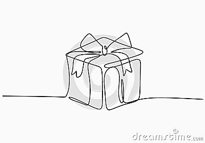 Continuous line drawing of gift box with ribbon bow. Wrapped surprise package for christmas or birthday party isolated on white Vector Illustration