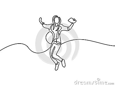 Continuous line drawing girl jumping. One line student girl jumping. Vector illustration. Vector Illustration