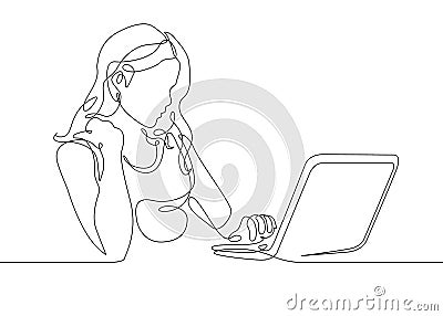 Continuous line drawing girl sits at a laptop Vector Illustration