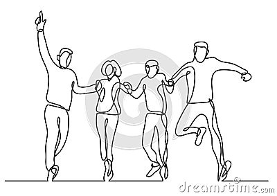 Continuous line drawing of group of four people jumping Vector Illustration