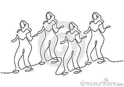 Continuous line drawing of group of girls in zumba dance. Four energetic young womens practice dance isolated on white background Vector Illustration