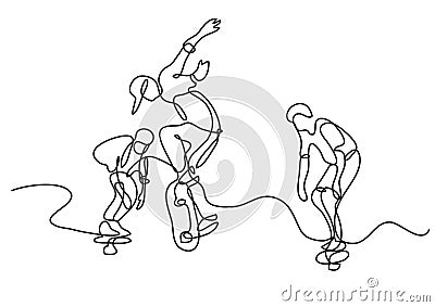 Continuous line drawing of group of skaters Vector Illustration