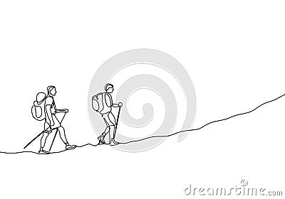 Continuous line drawing of group two people hiking and climbing adventure travelers Vector Illustration