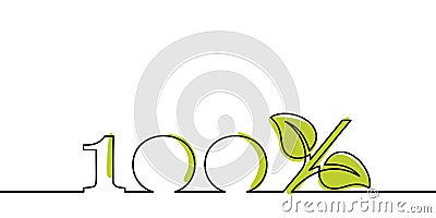 Continuous line drawing 100% with growing sprout instead of percent sign. Leaves grow seedling eco natural farm green energy Vector Illustration